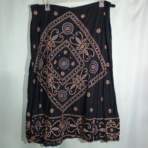 Black Boho Wrap Skirt Women – Gold Embroidered Midi Skirt Adjustable Tie Waist